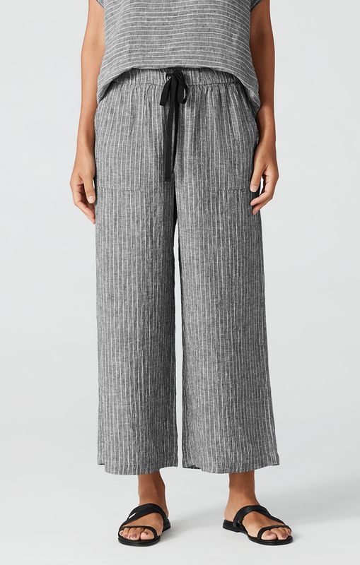 Eileen Fisher Puckered Organic Linen Wide Cropped Pant in Black/White