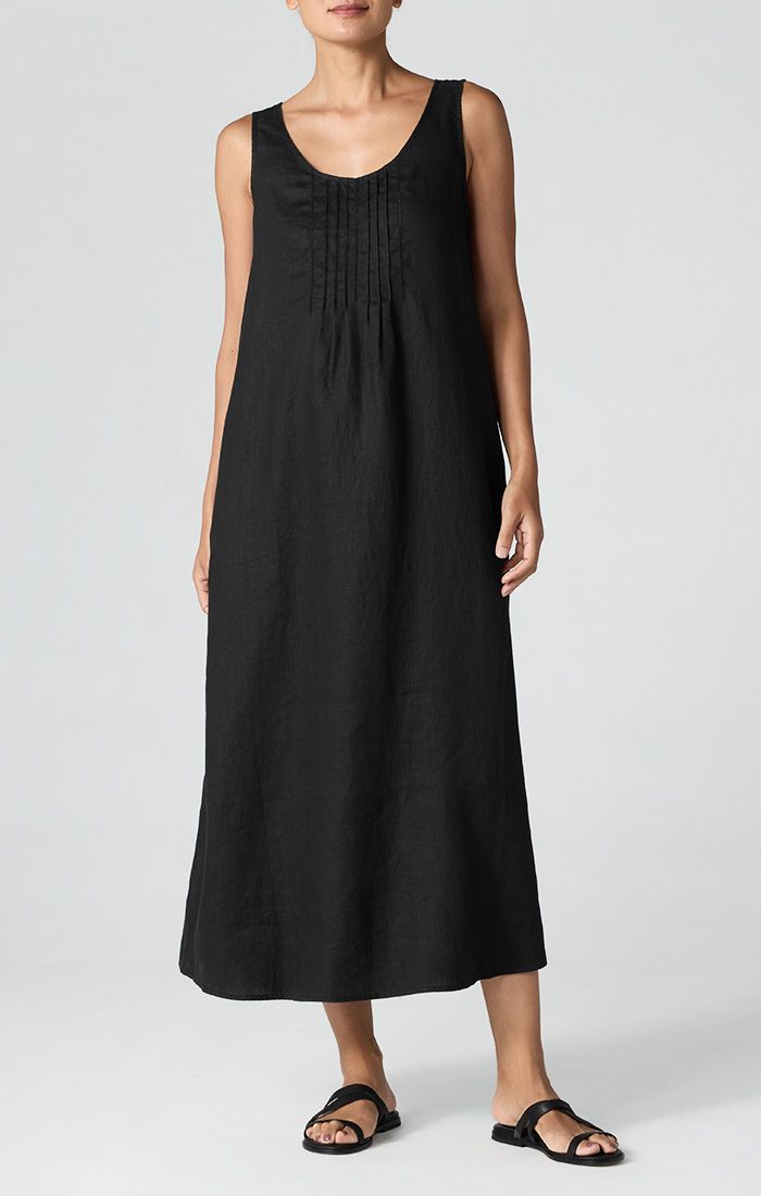Eileen Fisher Organic Linen Scoop Neck Full Length Dress in Black
