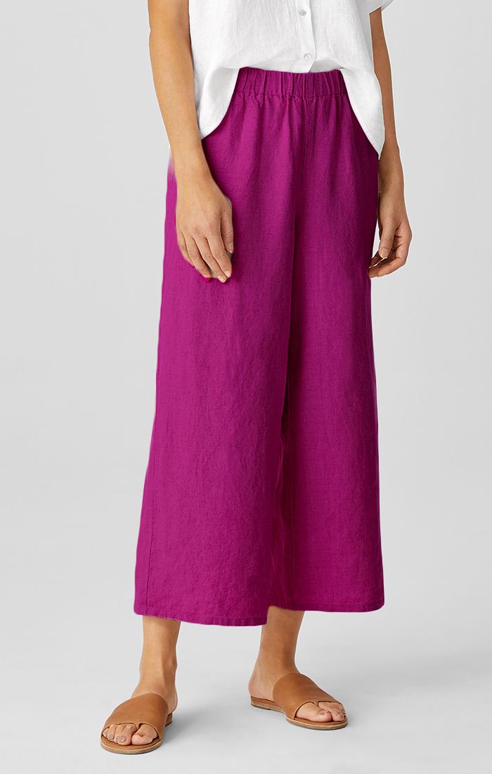 Eileen Fisher Organic Linen Wide Leg Cropped Pant in Sangria