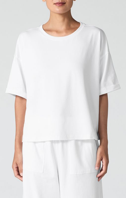 Eileen Fisher Organic Cotton Stretch Jersey Crew Neck Boxy Tee with Cuffed Short Sleeve in White