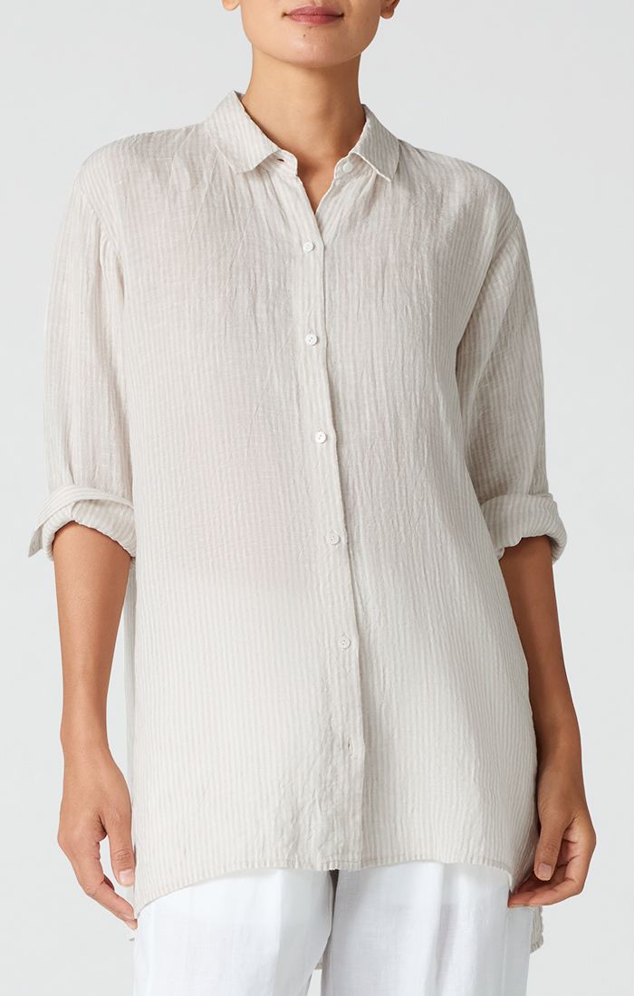 Eileen Fisher Puckered Organic Linen Stripe Classic Collar Easy Shirt in Chalk