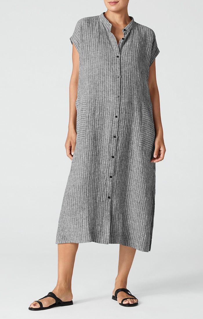 Eileen Fisher Puckered Organic Linen Mandarin Collar Calf Length Dress in Black/White