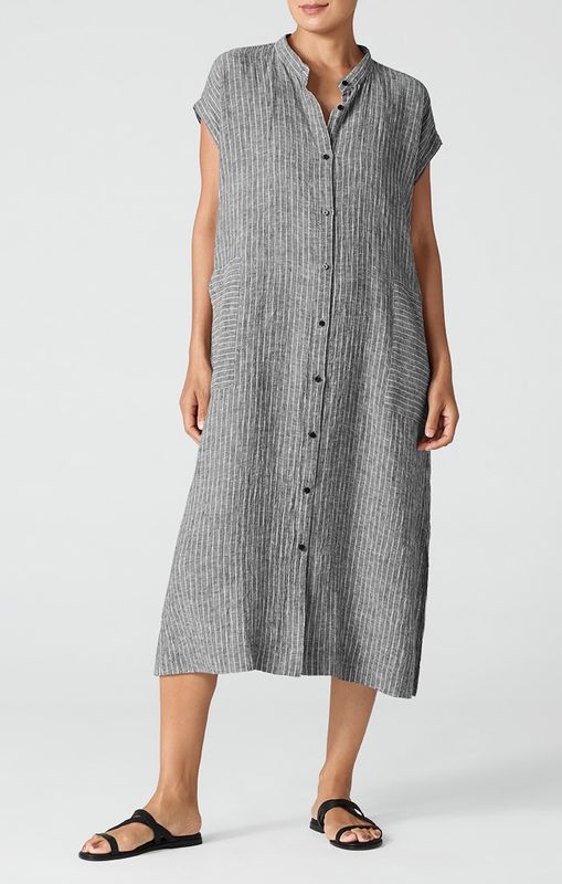 Eileen Fisher Puckered Organic Linen Mandarin Collar Calf Length Dress in Black/White