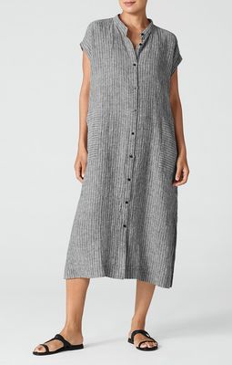 Eileen Fisher Puckered Organic Linen Mandarin Collar Calf Length Dress in Black/White