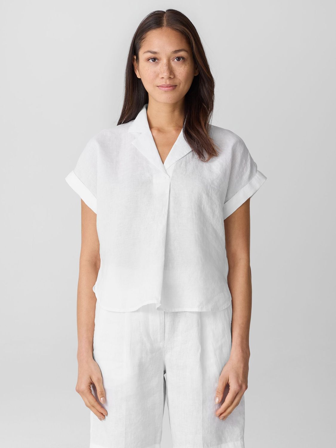 Eileen Fisher Organic Handkerchief Linen Notch Collar Top with Cuffed Sleeves in White