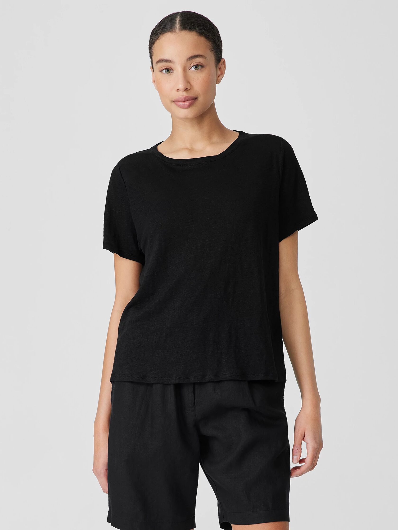 Eileen Fisher Organic Linen Jersey Crew Neck Short Sleeve Tee in Black