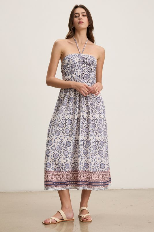 Velvet Odette Block Print Dress in Cream Floral