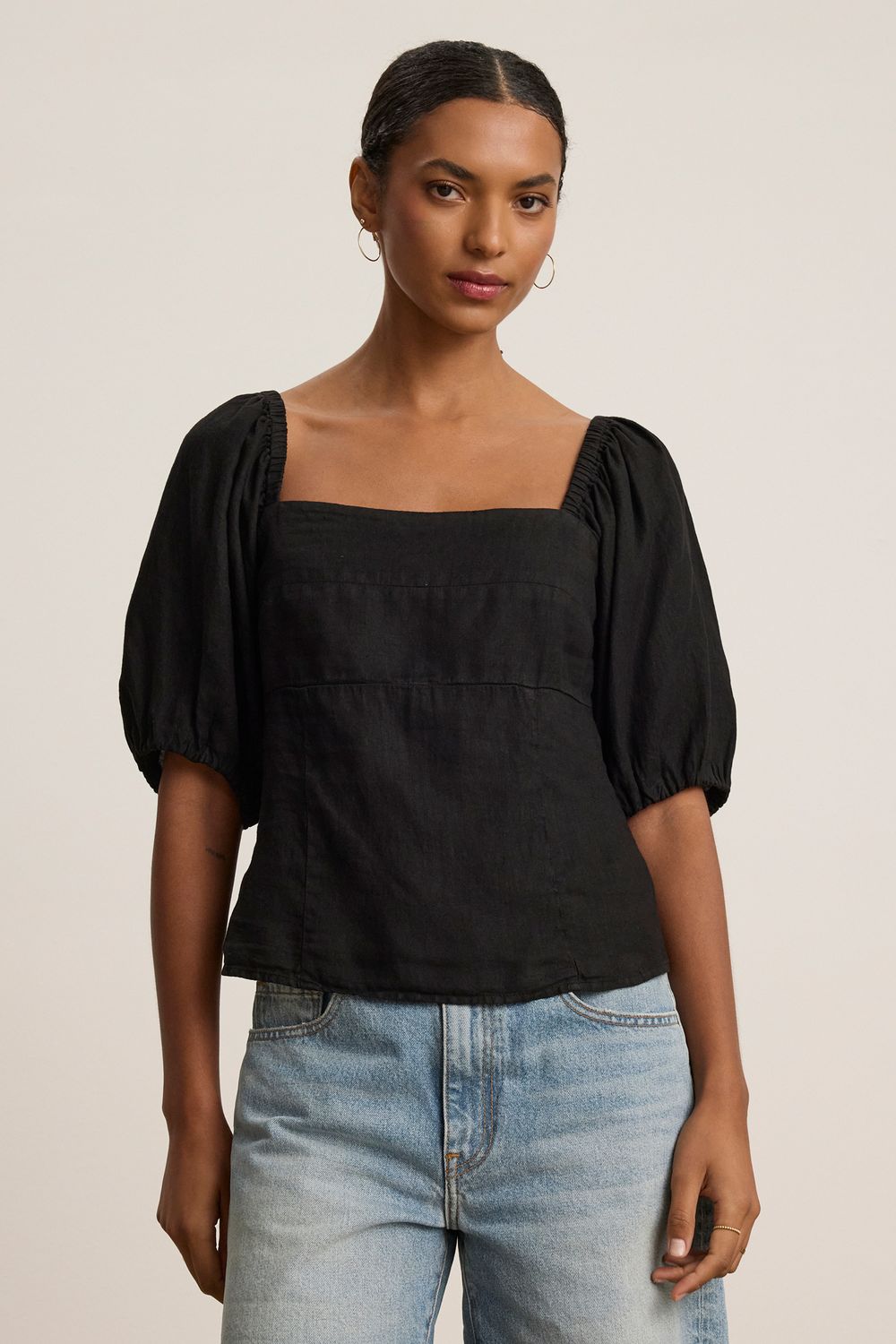 Velvet Olivia Woven Linen Top in Black