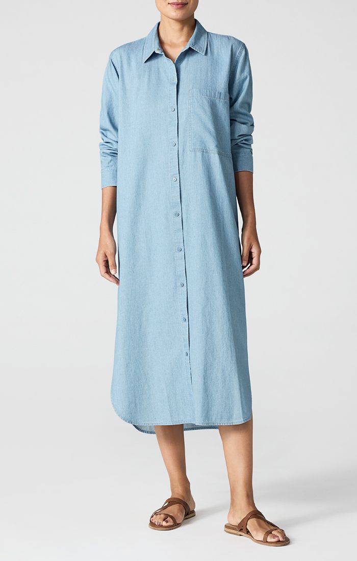 Eileen Fisher Airy Organic Cotton Twill Classic Collar Full Length Shirt Dress in Washed Indigo