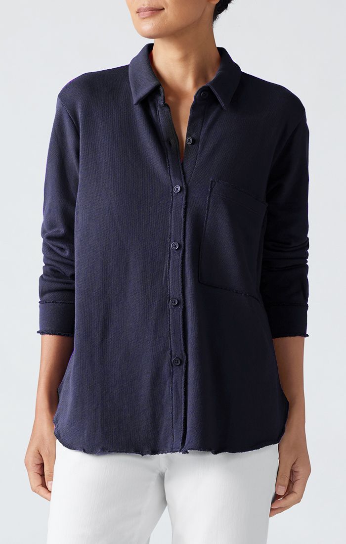 Eileen Fisher Lightweight Organic Cotton Terry Classic Collar Shirt in Ink