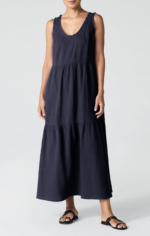 Eileen Fisher Organic Cotton Lofty Gauze Scoop Neck Full Length Tiered Dress in Ink