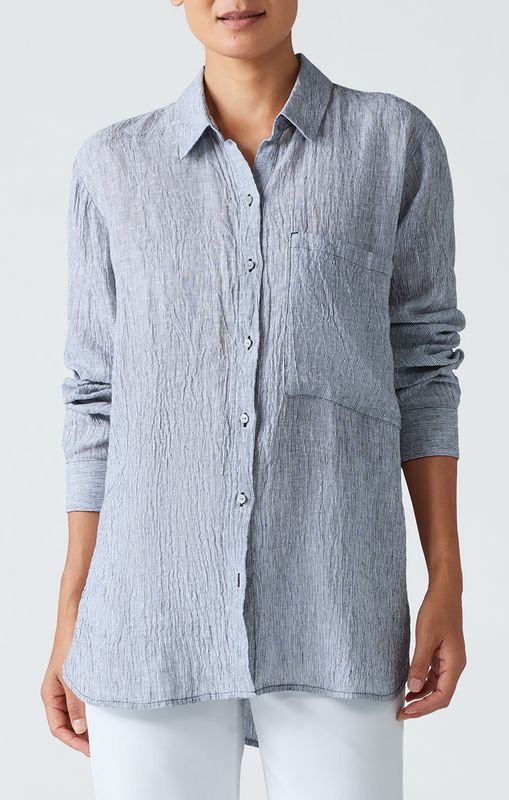Eileen Fisher Puckered Organic Linen Stripe Classic Collar Long Shirt in Ink