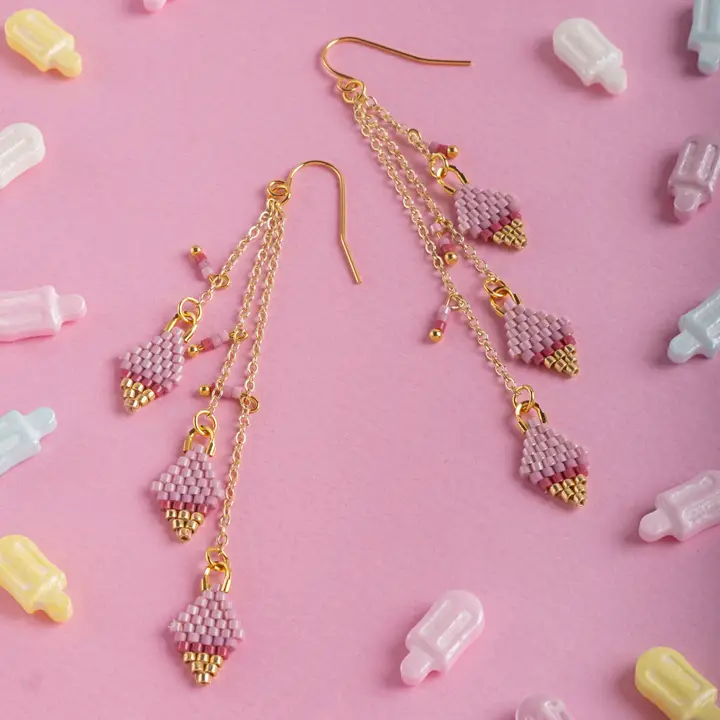 Mayana Beaded Handwoven Candy Gem and Chain Dangle Earrings in Pink