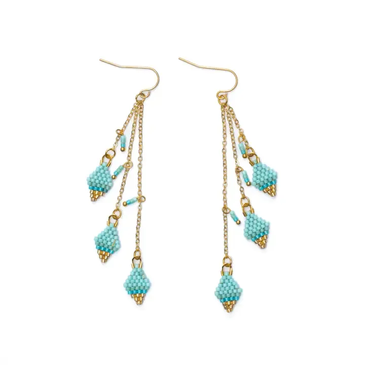Mayana Beaded Handwoven Candy Gem and Chain Dangle Earrings in Aqua