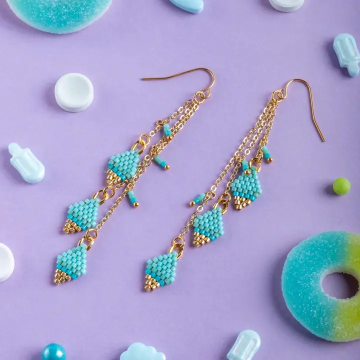 Mayana Beaded Handwoven Candy Gem and Chain Dangle Earrings in Aqua