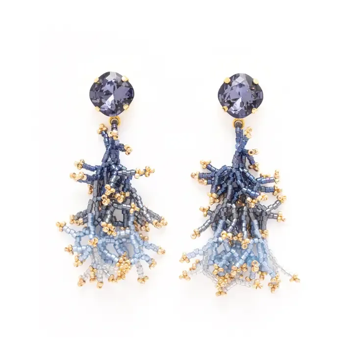 Mayana Beaded Handwoven Coral Fringe Earrings in Blue