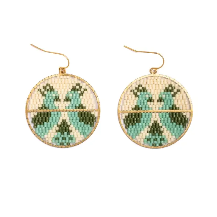 Mayana Beaded Handwoven Twin Bird Earrings in Cream/Green