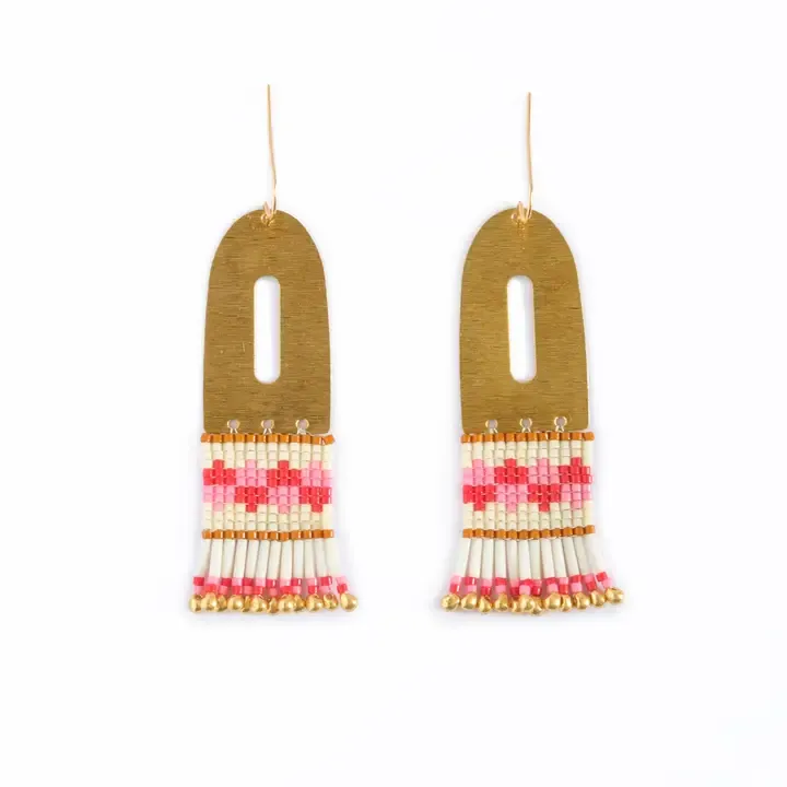 Mayana Beaded Handwoven Color Block Earrings in Red/Pink
