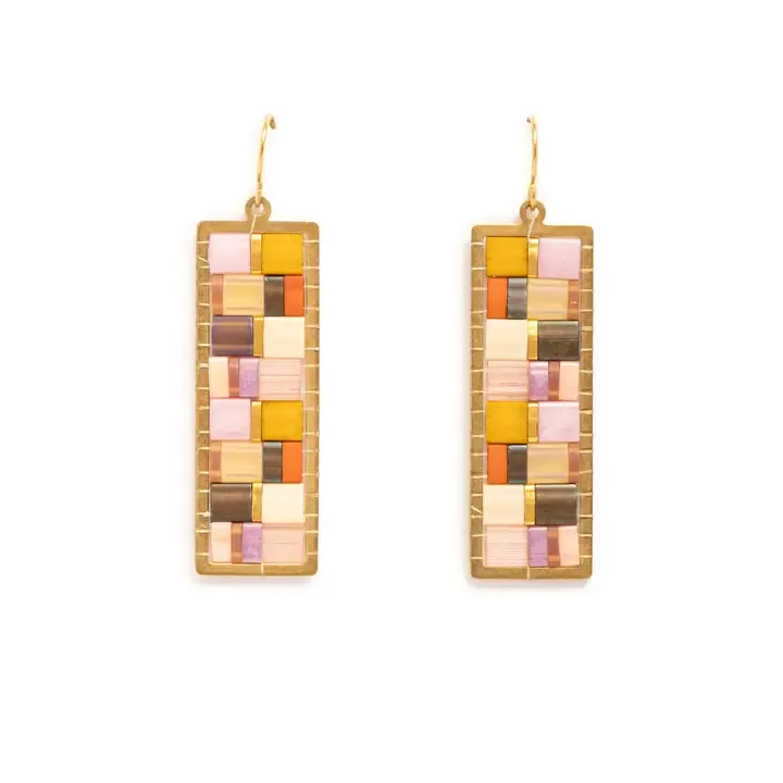 Mayana Beaded Handwoven Mosaic Tila and Brass Earrings in Lilac