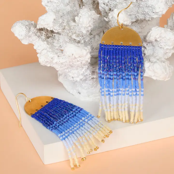 Mayana Beaded Handwoven Ombre Fringe Earrings in Blue