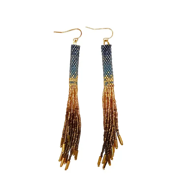 Mayana Beaded Handwoven Ombre Tassel Earrings in Indigo
