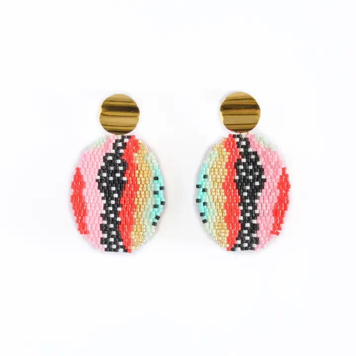 Mayana Beaded Handwoven Organic Oval Drop Earrings in Red