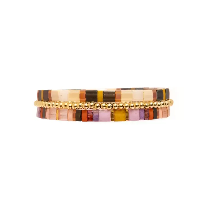 Mayana Beaded Miyuki Stretch Bracelet Set in Lilac/Mustard