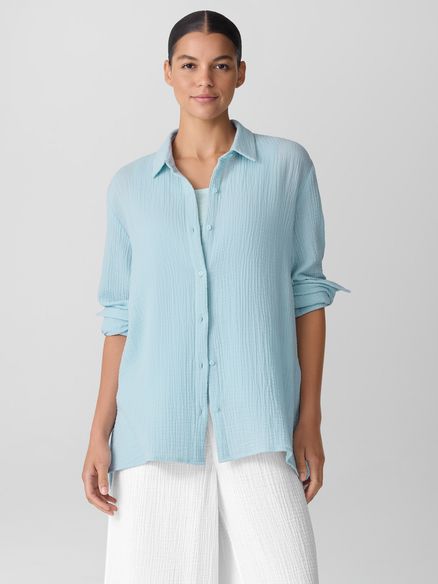 Eileen Fisher Organic Cotton Lofty Gauze Classic Collar Easy Shirt in Pale Sky