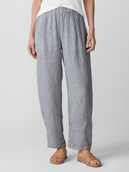 Eileen Fisher Puckered Organic Linen Stripe Ankle Pleated Lantern Pant in Ink
