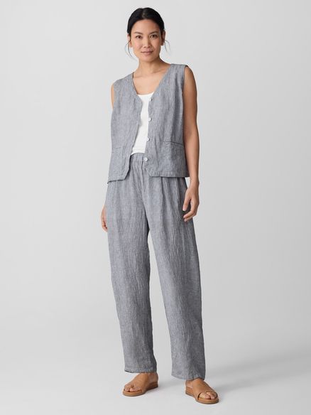 Eileen Fisher Puckered Organic Linen Stripe Ankle Pleated Lantern Pant in Ink