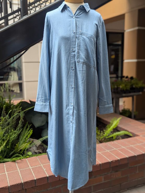 Eileen Fisher Airy Organic Cotton Twill Classic Collar Full Length Shirt Dress in Washed Indigo