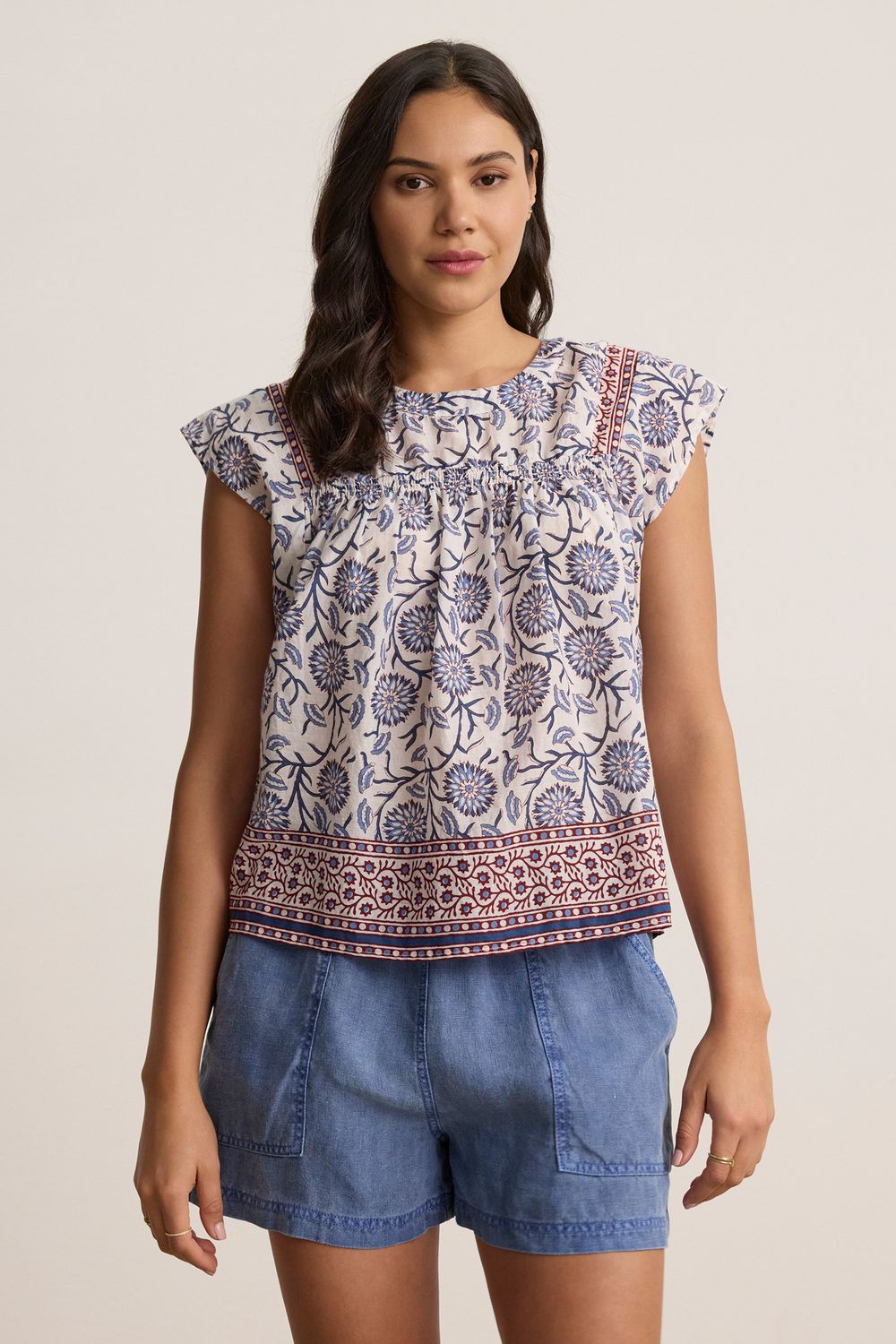 Velvet Selene Block Print Top in Cream Floral