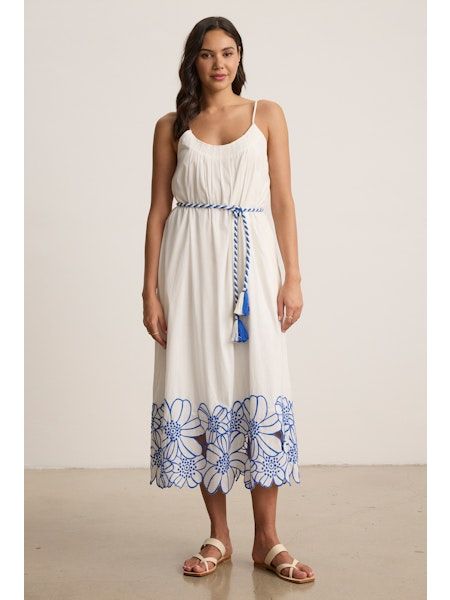 Velvet Juliette Placed Embroidery Dress in Cream/Cobalt