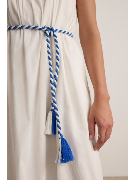 Velvet Juliette Placed Embroidery Dress in Cream/Cobalt