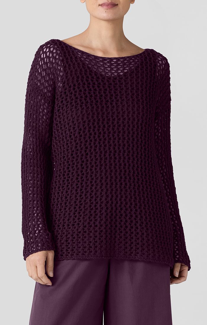 Eileen Fisher Peruvian Organic Cotton Cord Crew Neck Sweater in Blackberry