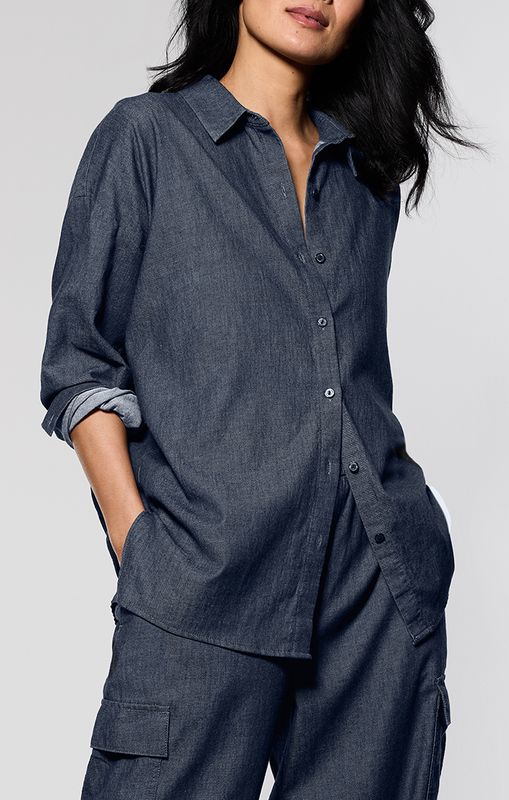 Eileen Fisher Airy Organic Cotton Twill Classic Collar Easy Shirt in Denim