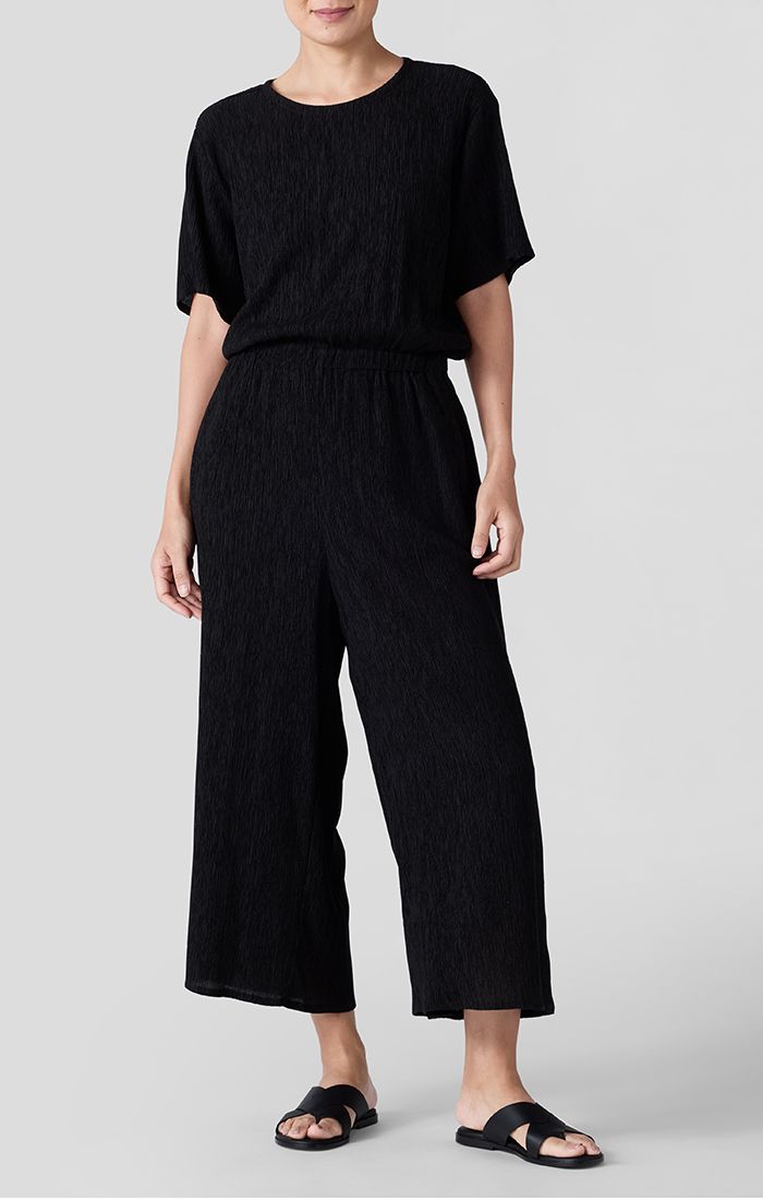 Eileen Fisher Woven Plisse Round Neck Ankle Wide Jumpsuit in Black
