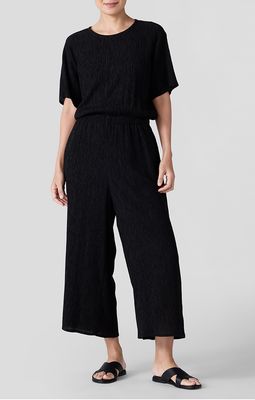 Eileen Fisher Woven Plisse Round Neck Ankle Wide Jumpsuit in Black