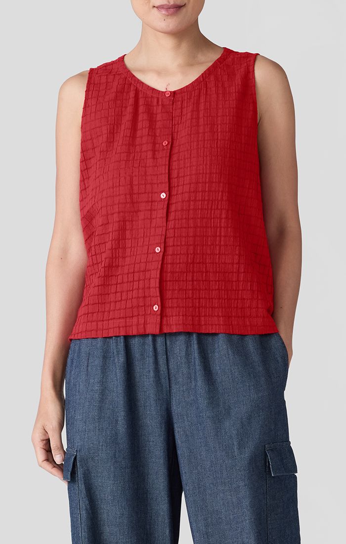 Eileen Fisher Organic Cotton Voile Box Round Neck Vest in Crimson