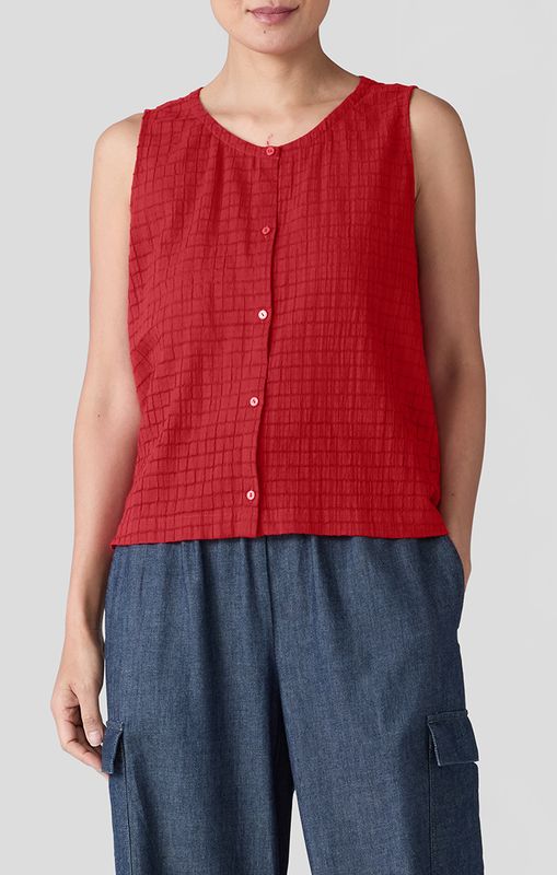 Eileen Fisher Organic Cotton Voile Box Round Neck Vest in Crimson