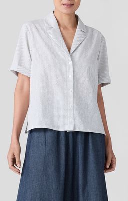 Eileen Fisher Organic Cotton Ripple Notch Collar Short Sleeve Shirt in White