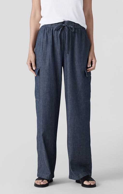 Eileen Fisher Airy Organic Cotton Twill Full Length Cargo Pant in Denim