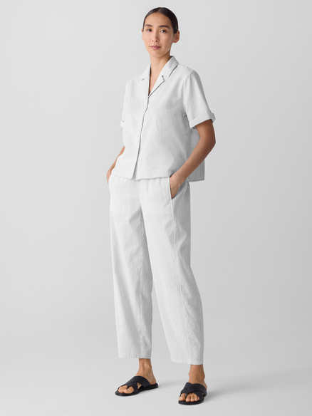 Eileen Fisher Organic Cotton Ripple Notch Collar Short Sleeve Shirt in White