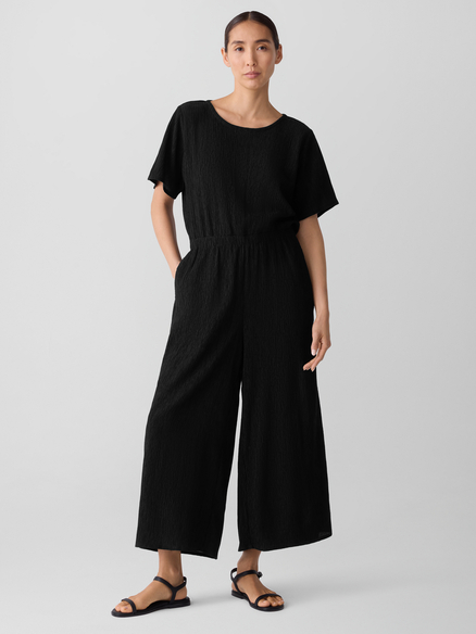 Eileen Fisher Woven Plisse Round Neck Ankle Wide Jumpsuit in Black