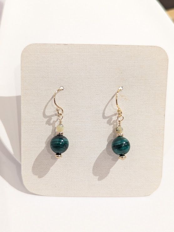 Perle Earrings in 14K Gold Fill, Malachite & Yellow Opal -L#17