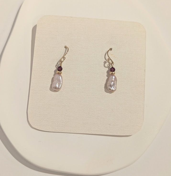 Perle Earrings in 14K Gold Fill, Freshwater Pearl and Garnet - K#14