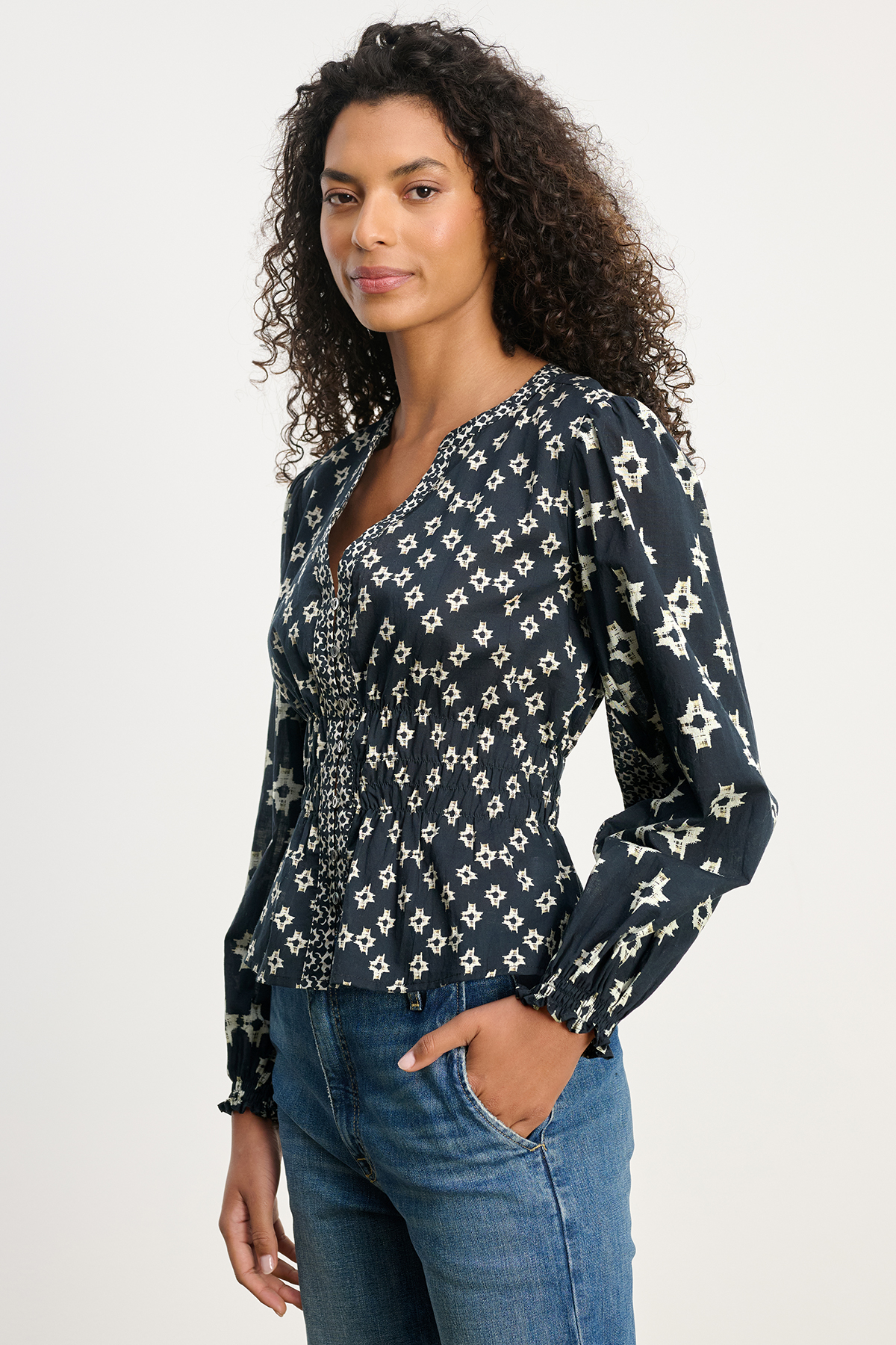 Velvet Charlotte Aspen Print Smocked Top in Midnight