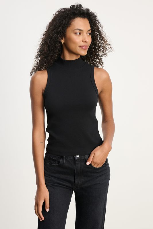 Velvet Cean Rib and Poplin Mix Media Sleeveless Top in Black
