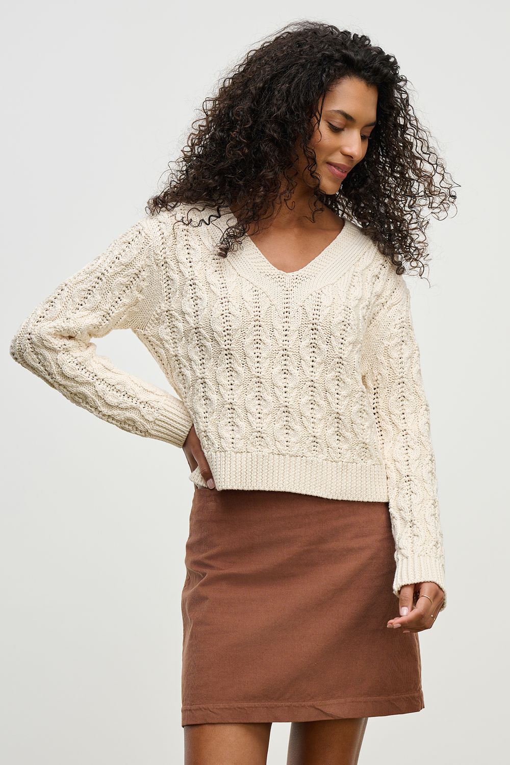 Velvet Joyce Chunky Pima Cotton V Neck Sweater in Ivory