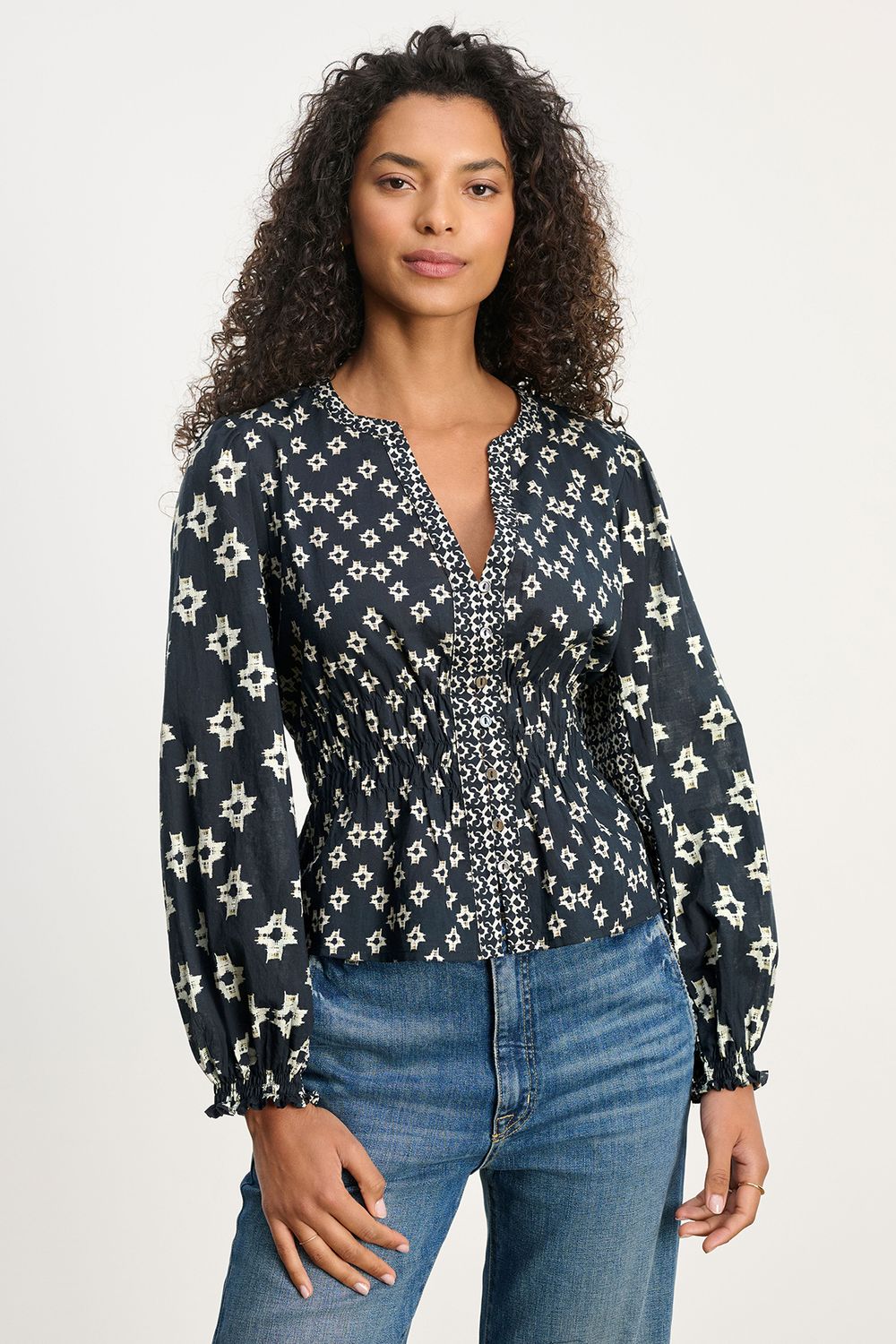 Velvet Charlotte Aspen Print Smocked Top in Midnight